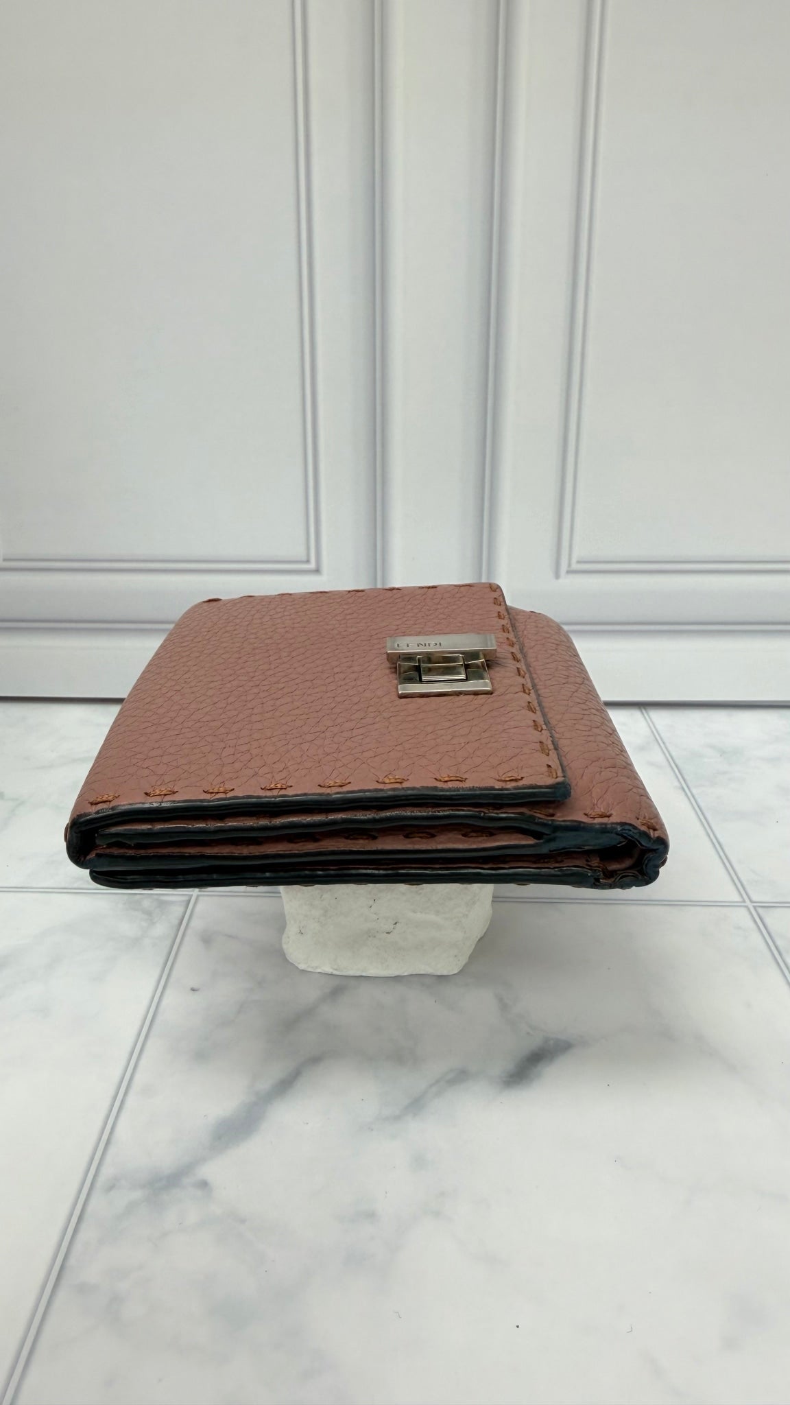 Fendi Pink Grained Leather Selleria Peekaboo Compact Wallet 