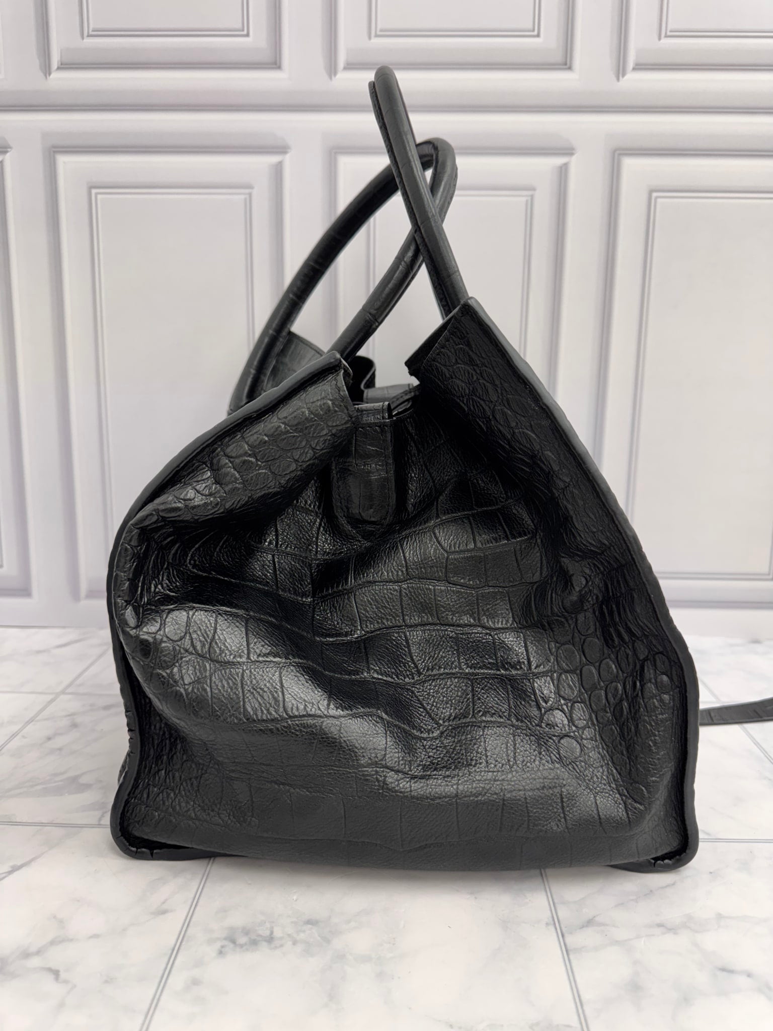 Celine Black Croc Embossed Medium Phantom Handbag