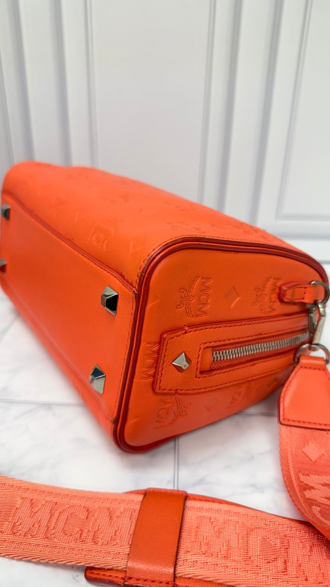 MCM Coral Visetos Leather Boston Bag