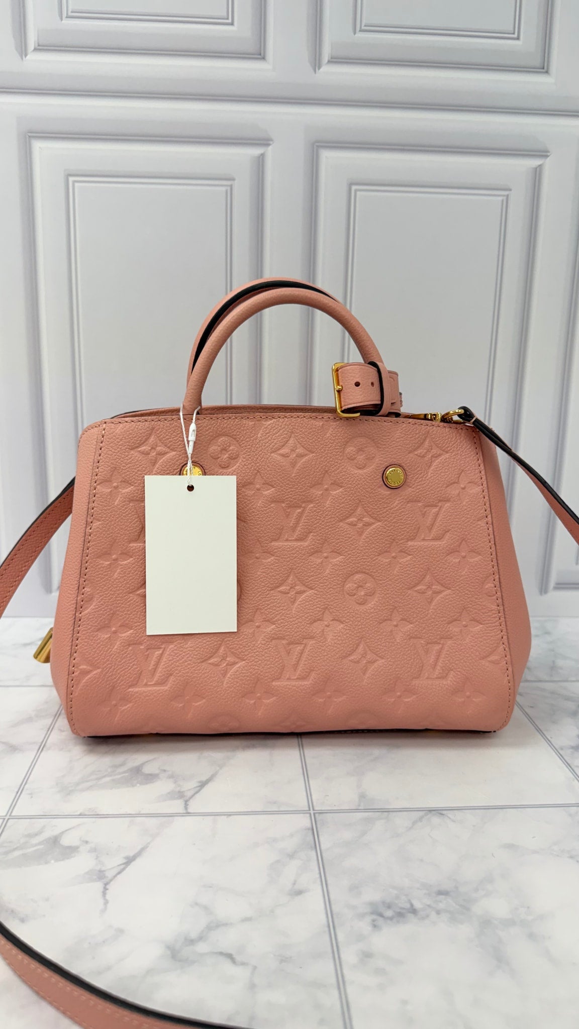 Louis Vuitton Pink Monogram Empreinte Leather Montaigne BB Handbag 