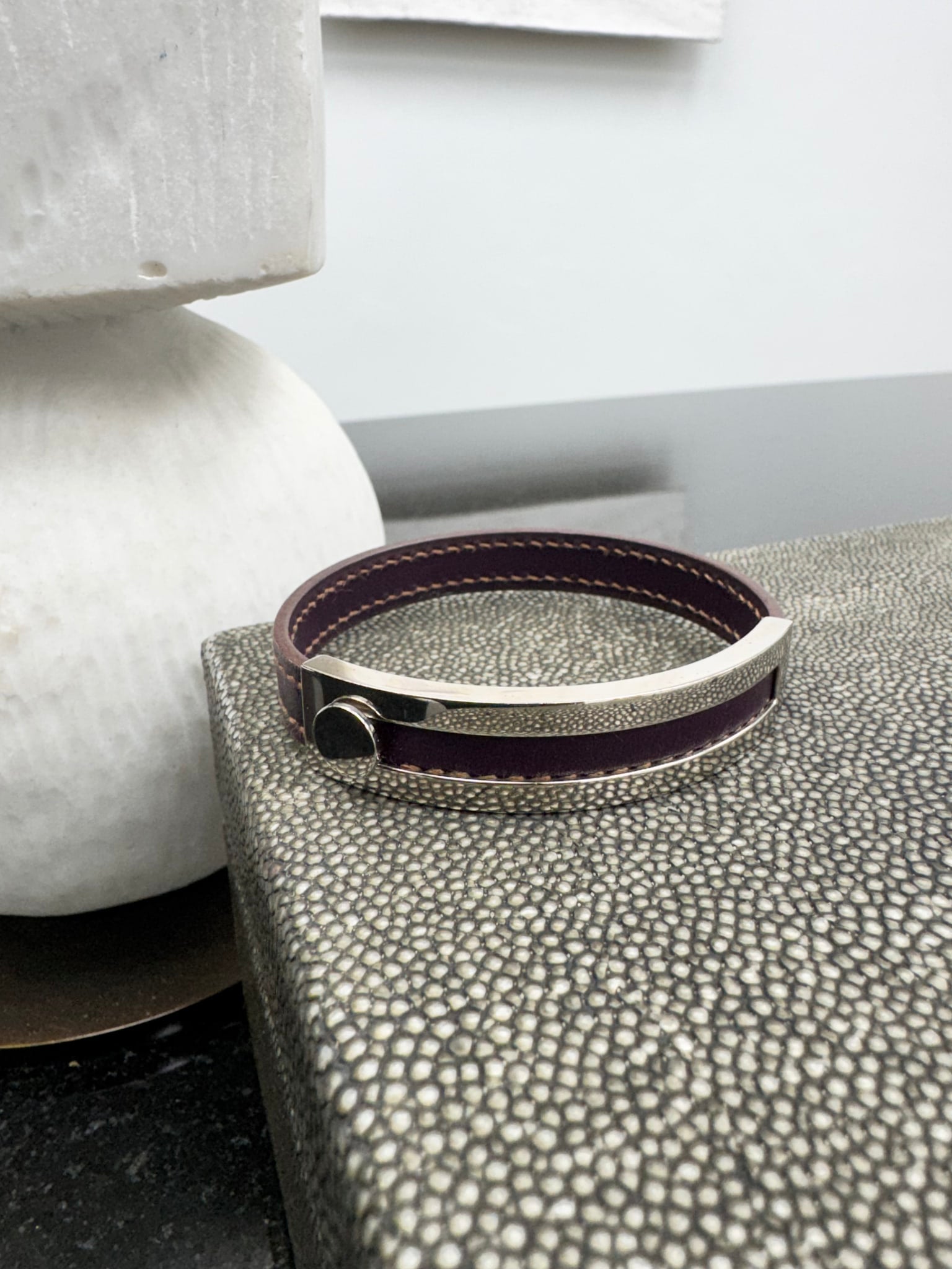 Hermes Deep Purple Calfskin Leather Puspus Bangle Bracelet