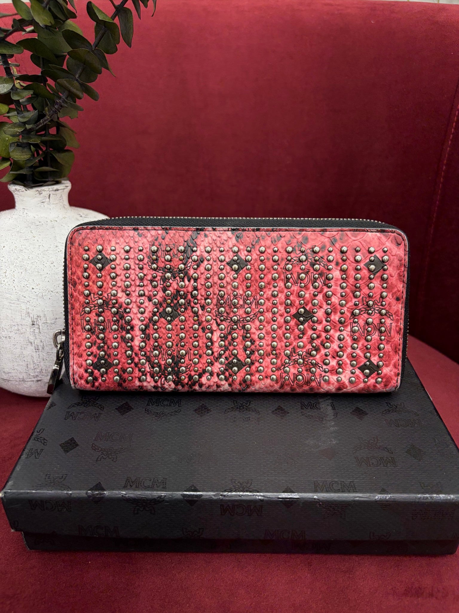 MCM Red Snakeskin Embossed Studded Zippy Wallet