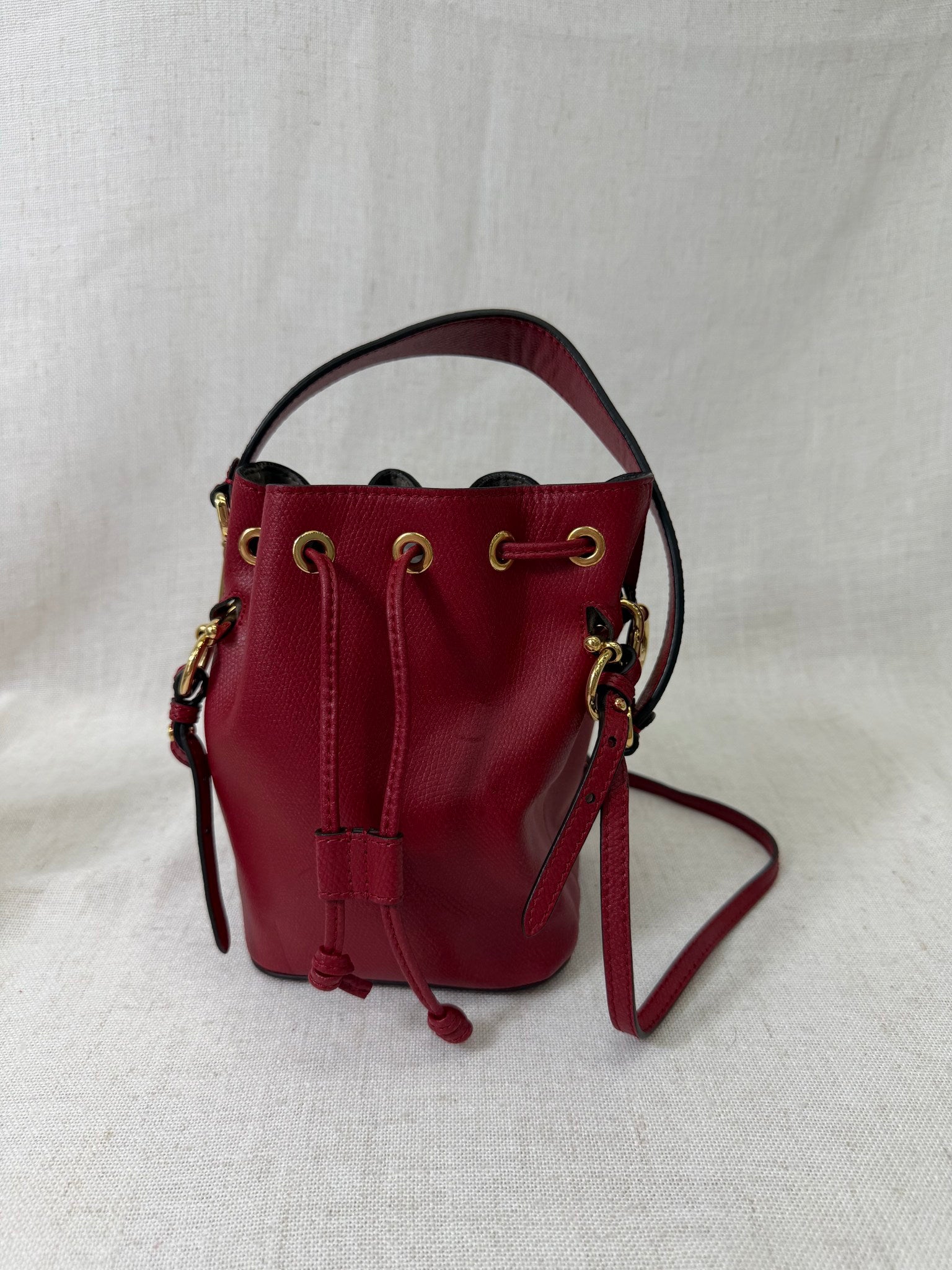 Fendi Red Leather Tresor Mini Drawstring 2Way Bucket Bag