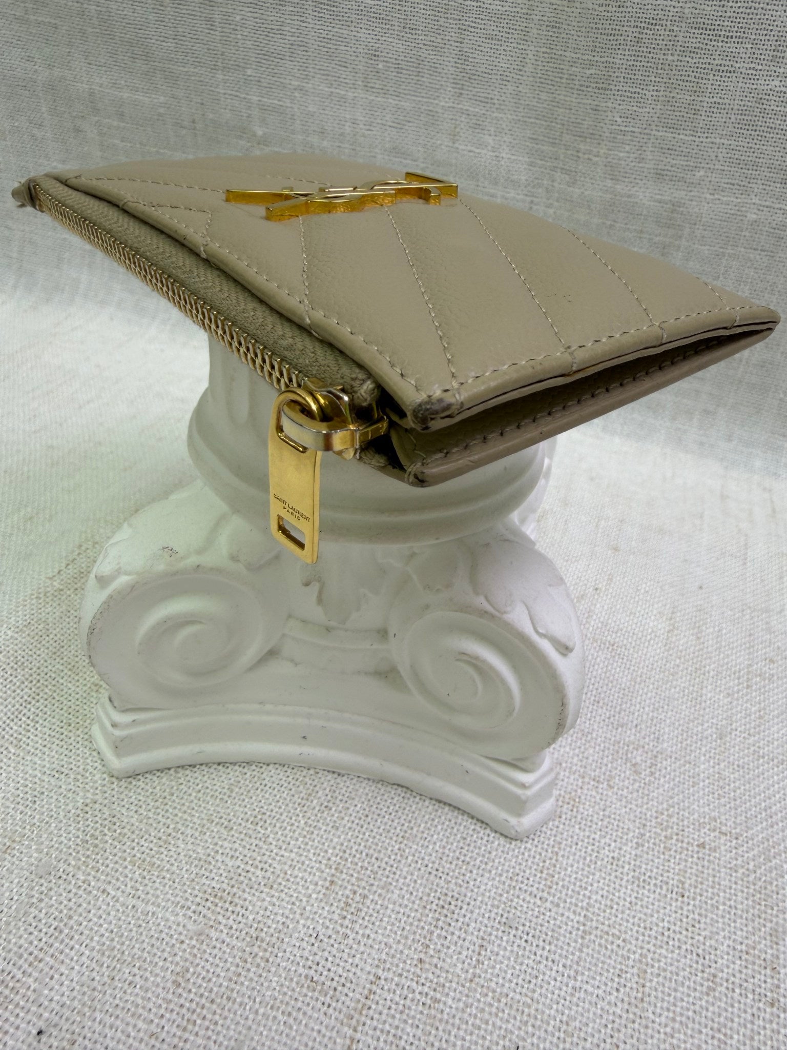 Saint Laurent YSL Tan Pebbled Leather Zippy Card Case