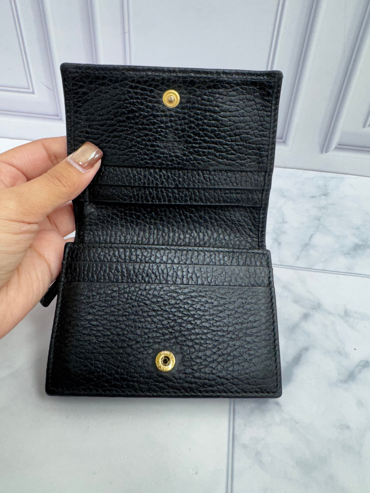 Gucci Black Grained Leather GG Marmont Compact Wallet