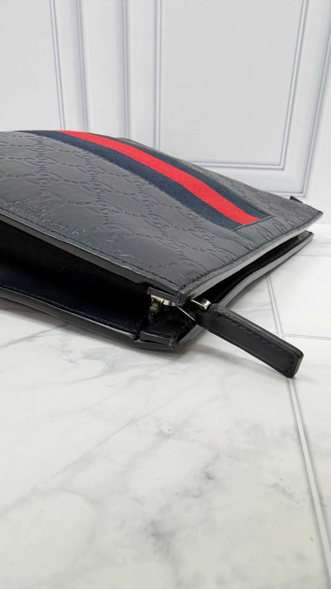Gucci Navy Blue Guccissima Leather Web Pouch