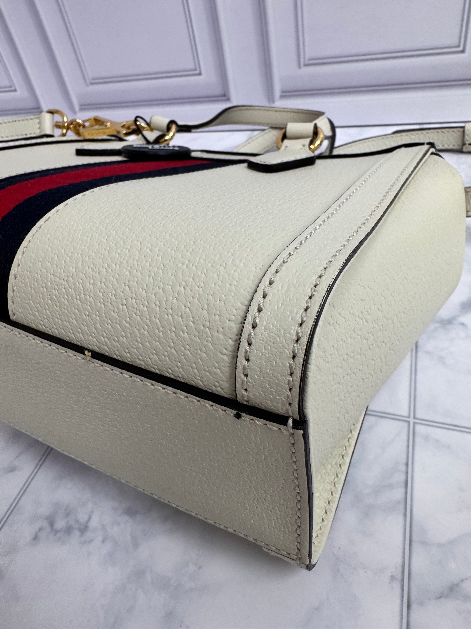 Gucci White Web Grained Leather Ophidia Small Crossbody Tote Bag