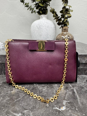 Salvatore Ferragamo Dark Purple Saffiano Leather Vara Bow Mini Chain Shoulder Bag