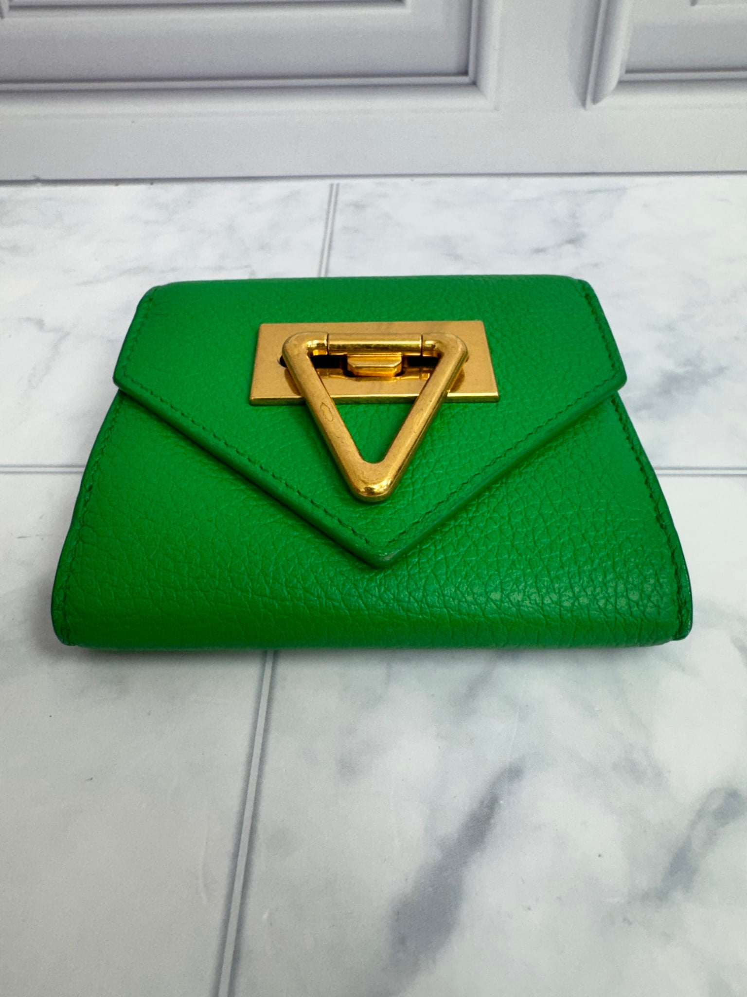 Bottega Veneta Green Leather Triangle Compact Wallet