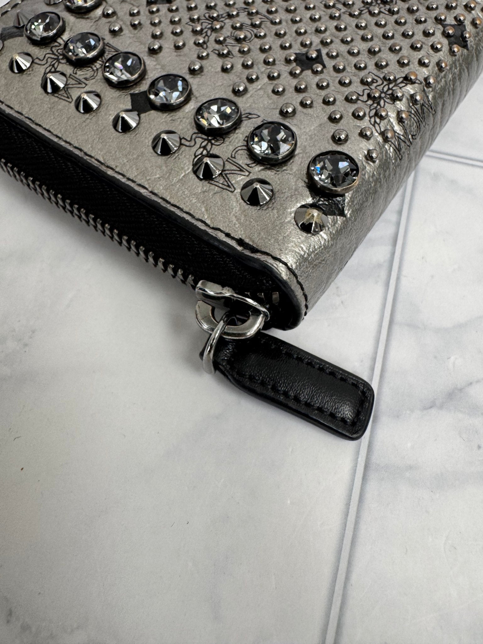 MCM Metallic Silver Visetos Leather Studded Zippy Wallet