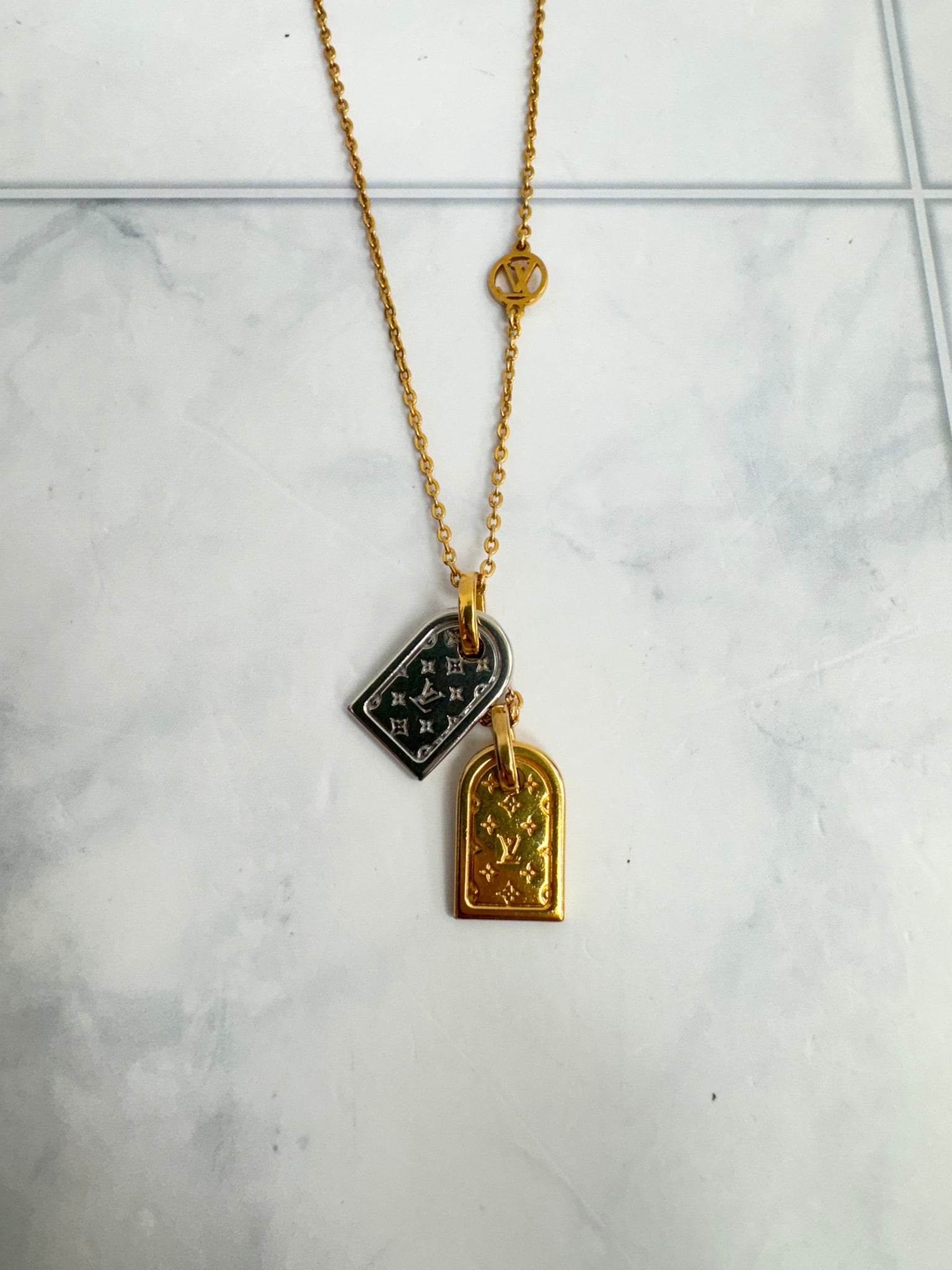 Louis Vuitton Two Tone Nanogram Name Tag Pendant Necklace