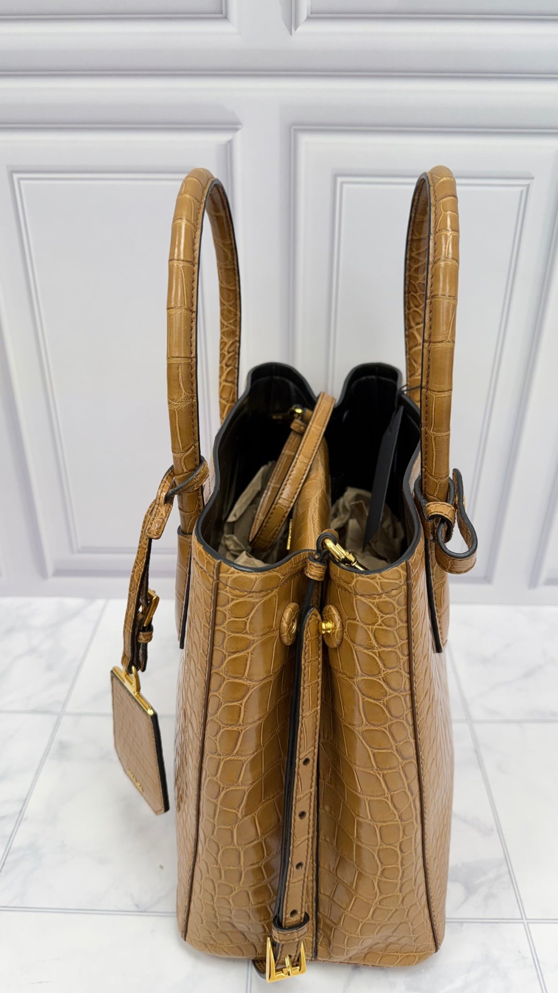 Prada Caramel Croc Embossed Leather Top Handle 2Way Bag