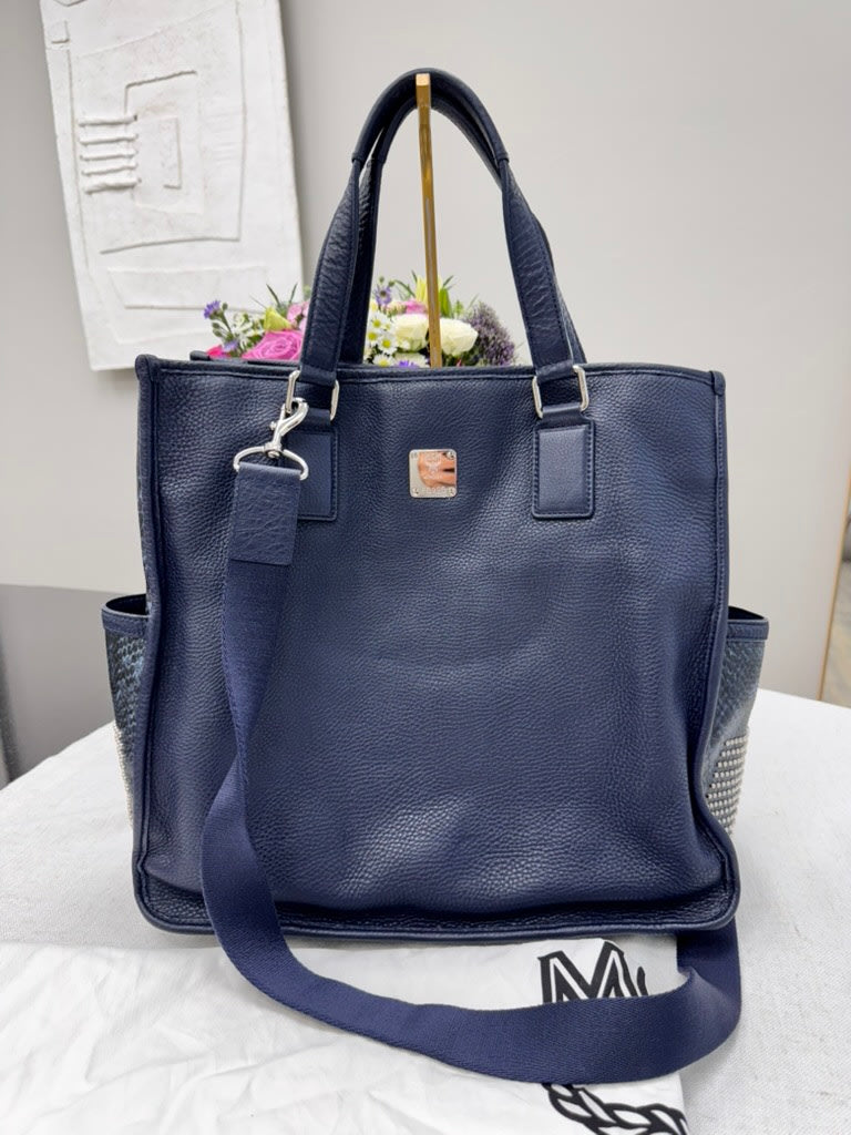 MCM Navy Blue Grained Leather Tote Bag