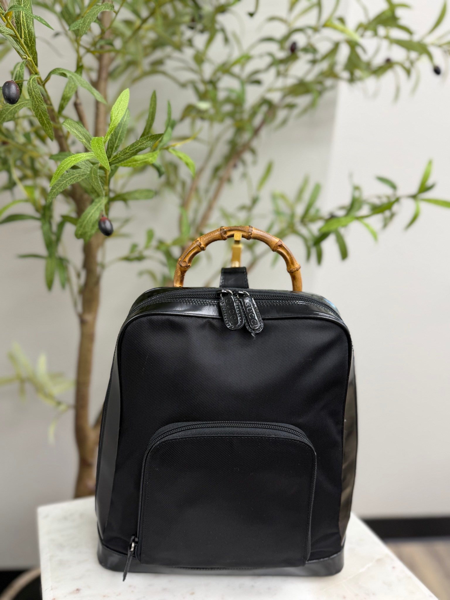 Gucci Black Nylon And Patent Leather Bamboo Sling Backpack