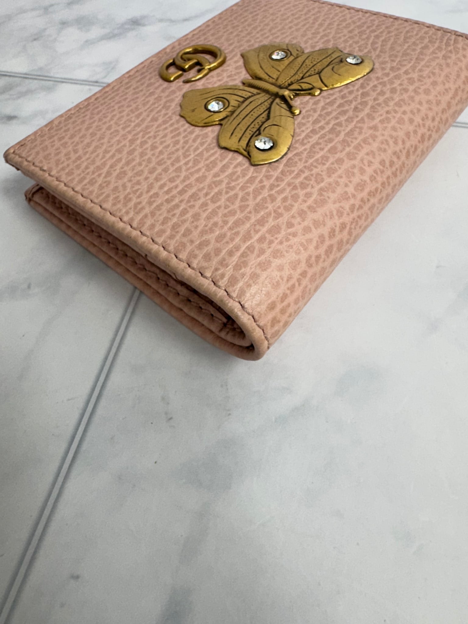 Gucci Pink Grained Leather Butterfly Compact Wallet