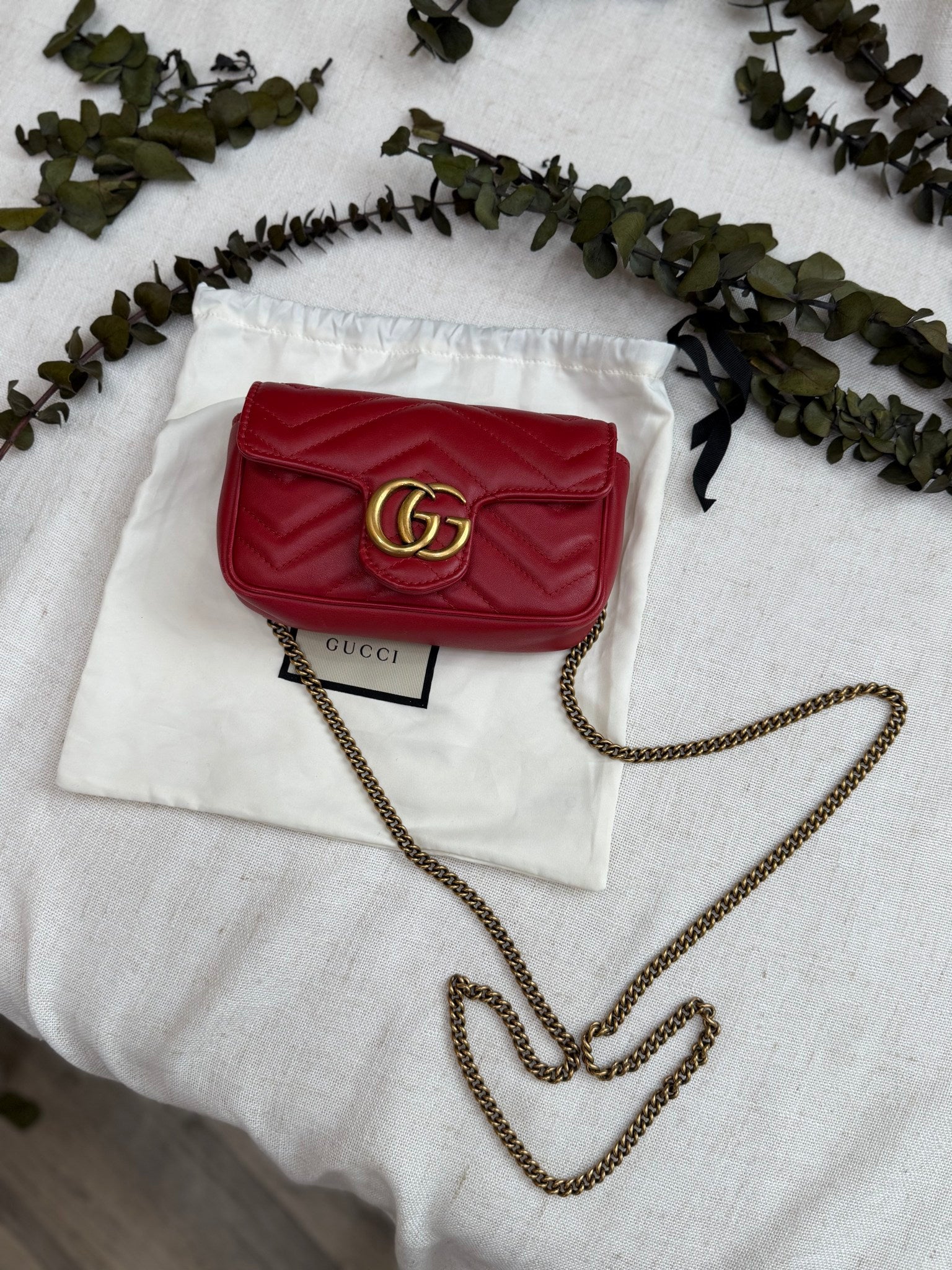 Gucci Red Leather Marmont Super Mini Chain Bag