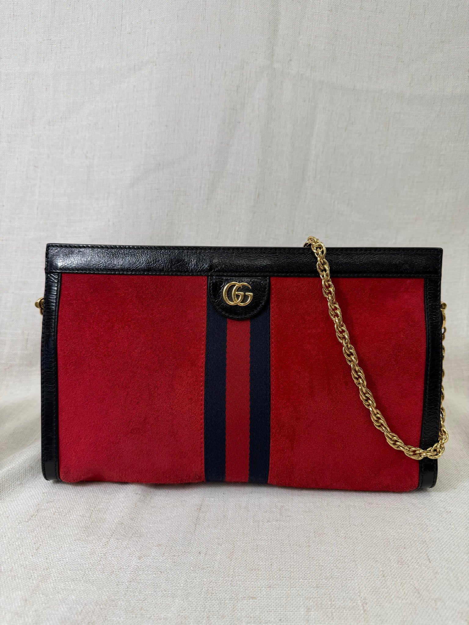 Gucci Red Suede And Black Patent Leather Double G Ophidia Small Shoulder Bag