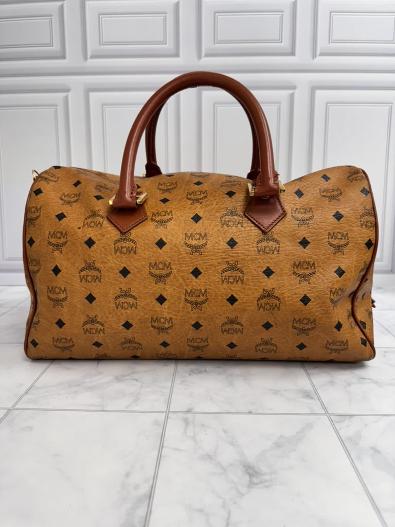 MCM Tan Visetos Leather Boston Bag