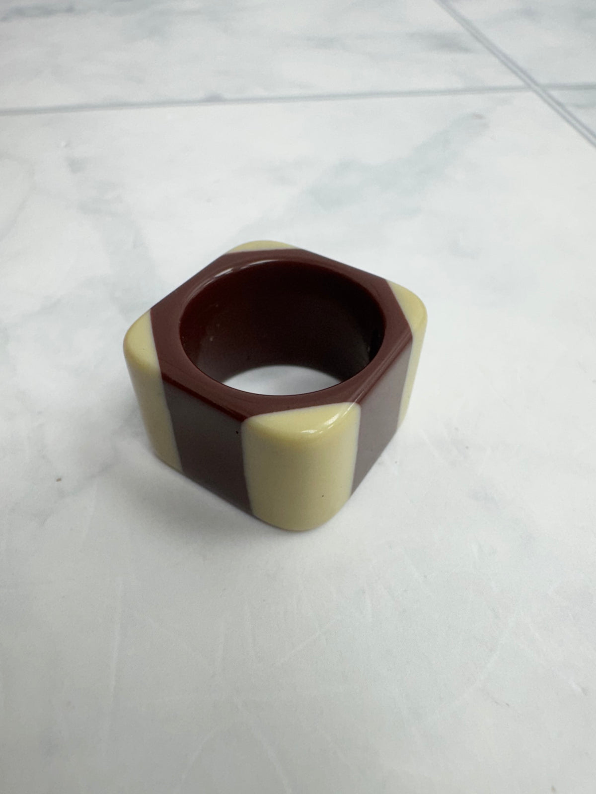 Chanel Cream & Burgundy Resin CC Ring Size 7