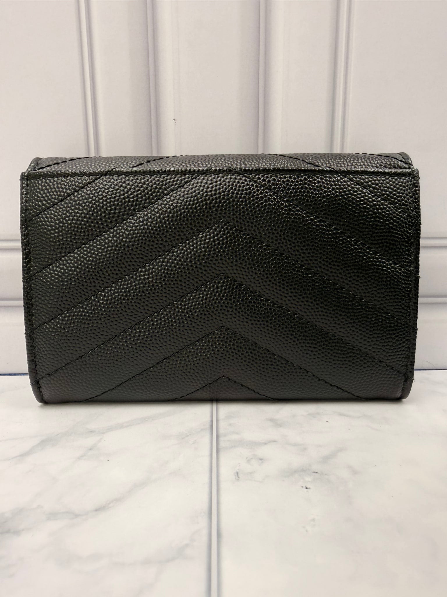 LIKE NEW - Saint Laurent YSL Black Grained Leather Cassandre Matelasse Small Envelope Wallet 