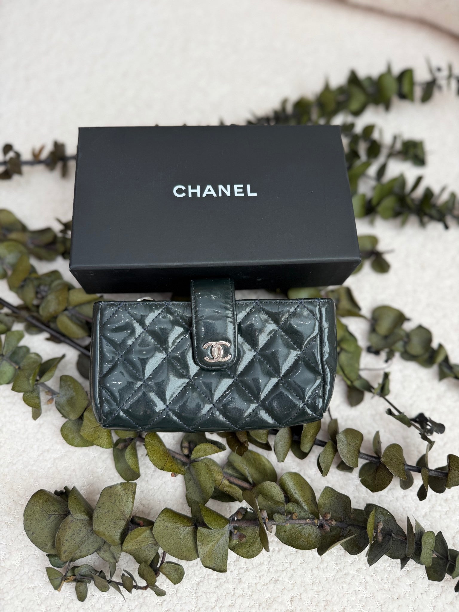 Chanel Navy Patent Leather Quilted Wallet Pouch