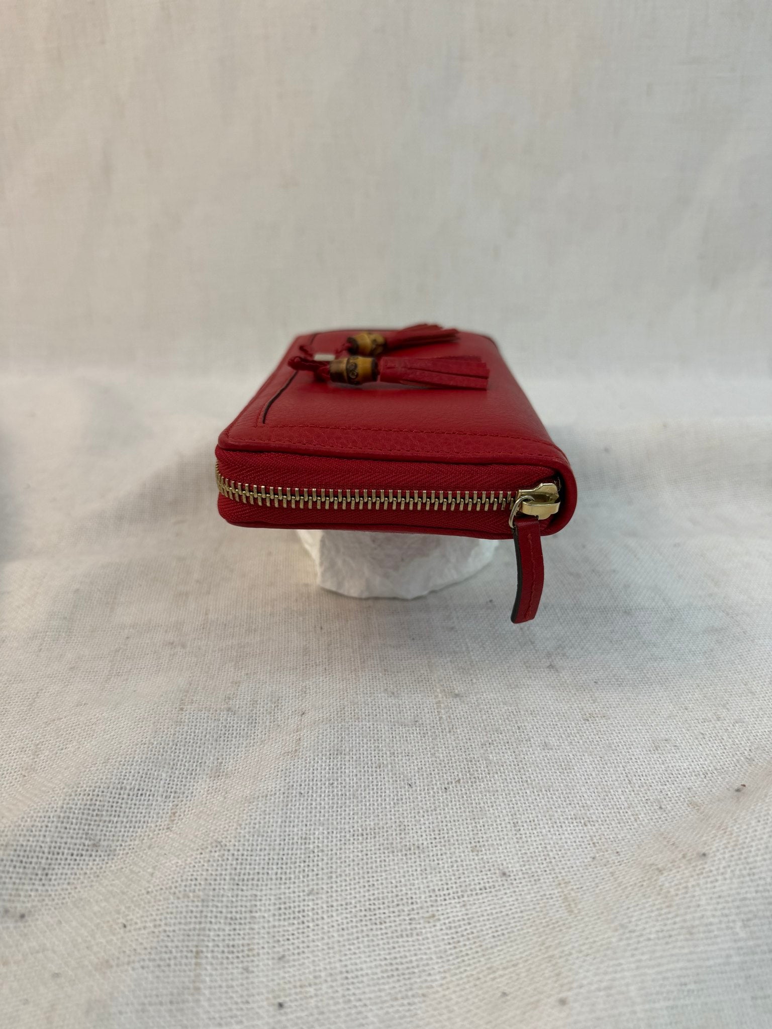 Gucci Red Leather Bamboo Tassel Zippy Wallet