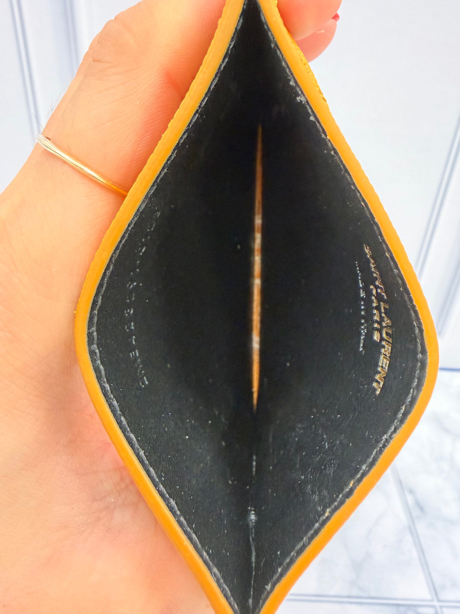 LIKE NEW - Saint Laurent YSL Mustard Grain De Poudre Leather Cassandre Matelasse Card Case 
