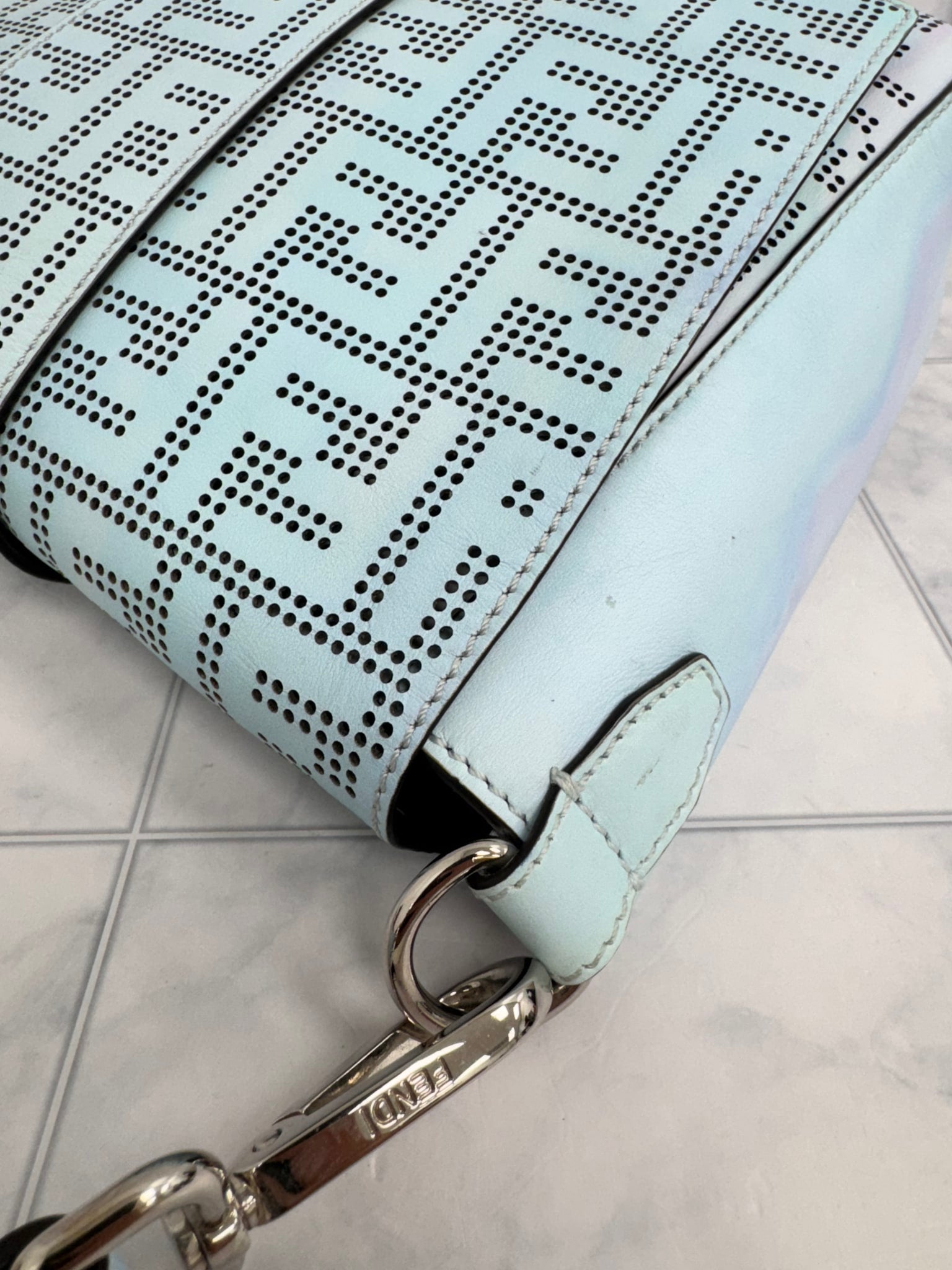 Fendi Baby Blue Tie Dye Perforated Zucca Leather Baguette Medium Messenger Bag