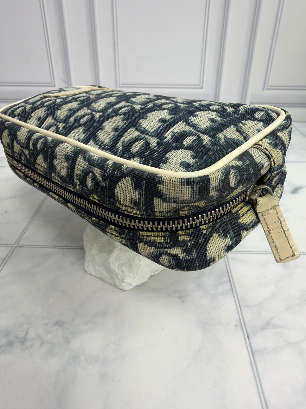 Christian Dior Navy Blue & Cream Trotter Monogram Coated Canvas Zippy Cosmetic Pouch