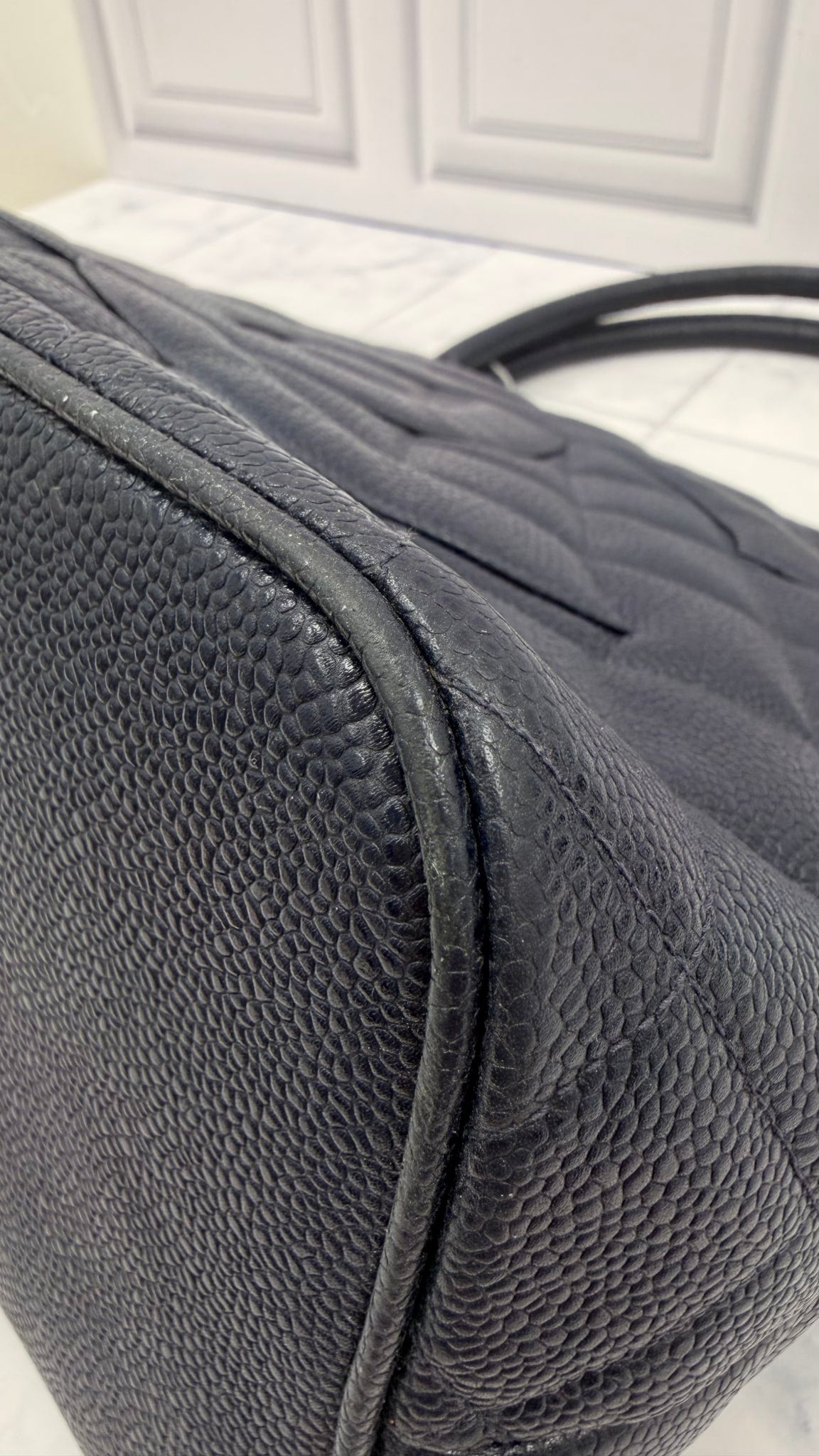 Chanel Navy Quilted Caviar Leather Medallion Tote Bag