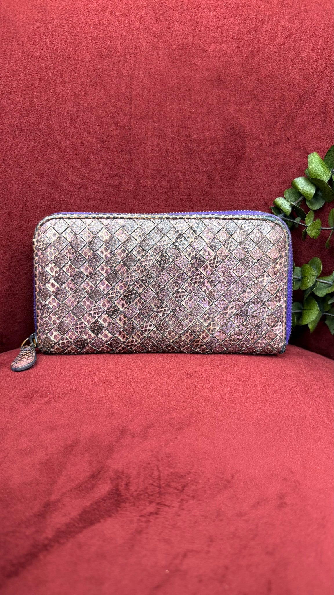 Bottega Veneta Purple Snakeskin Intrecciato Leather Zippy Wallet