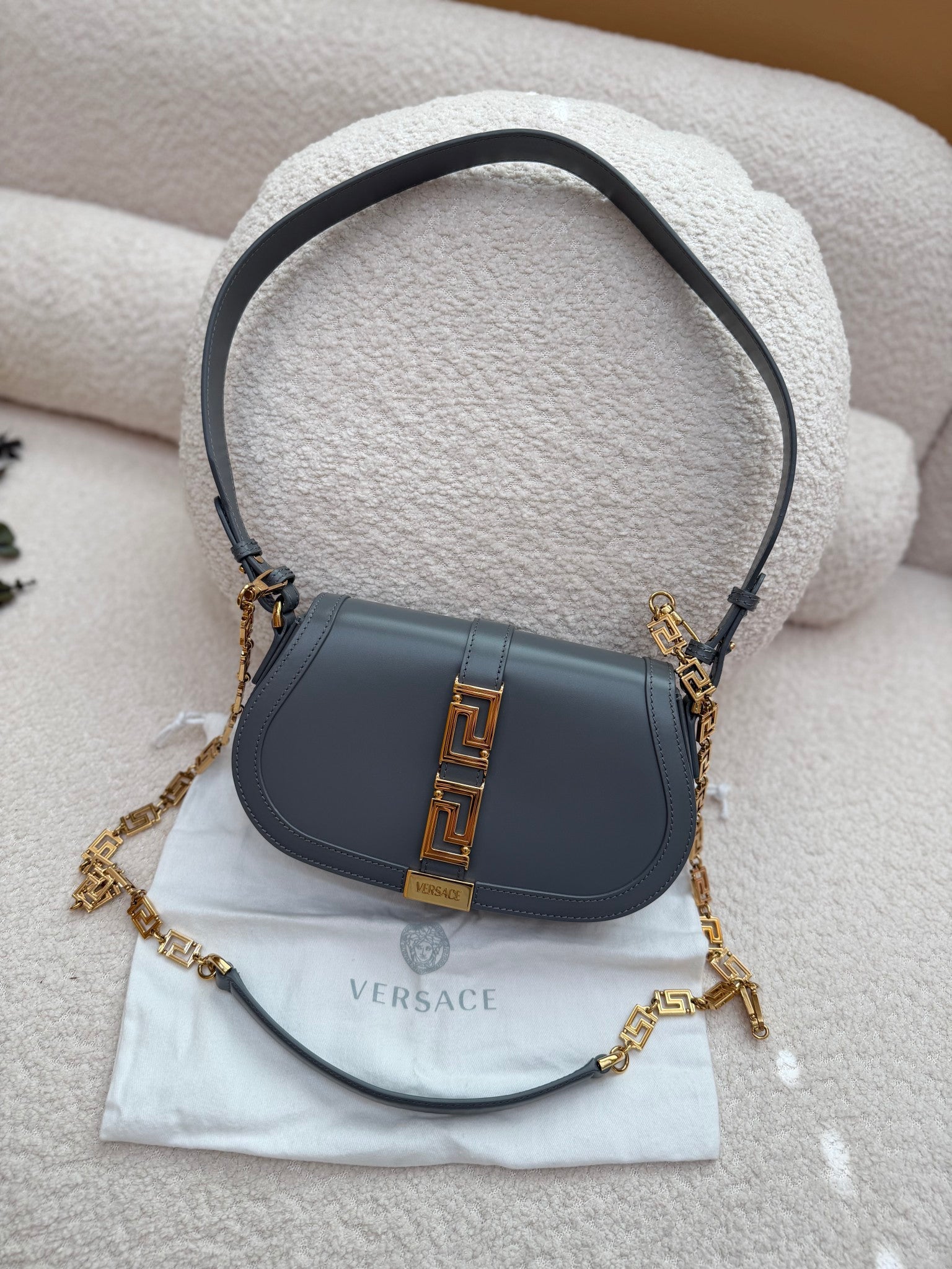 LIKE NEW- Versace Grey Calfskin Medium Greca Goddess Shoulder Bag