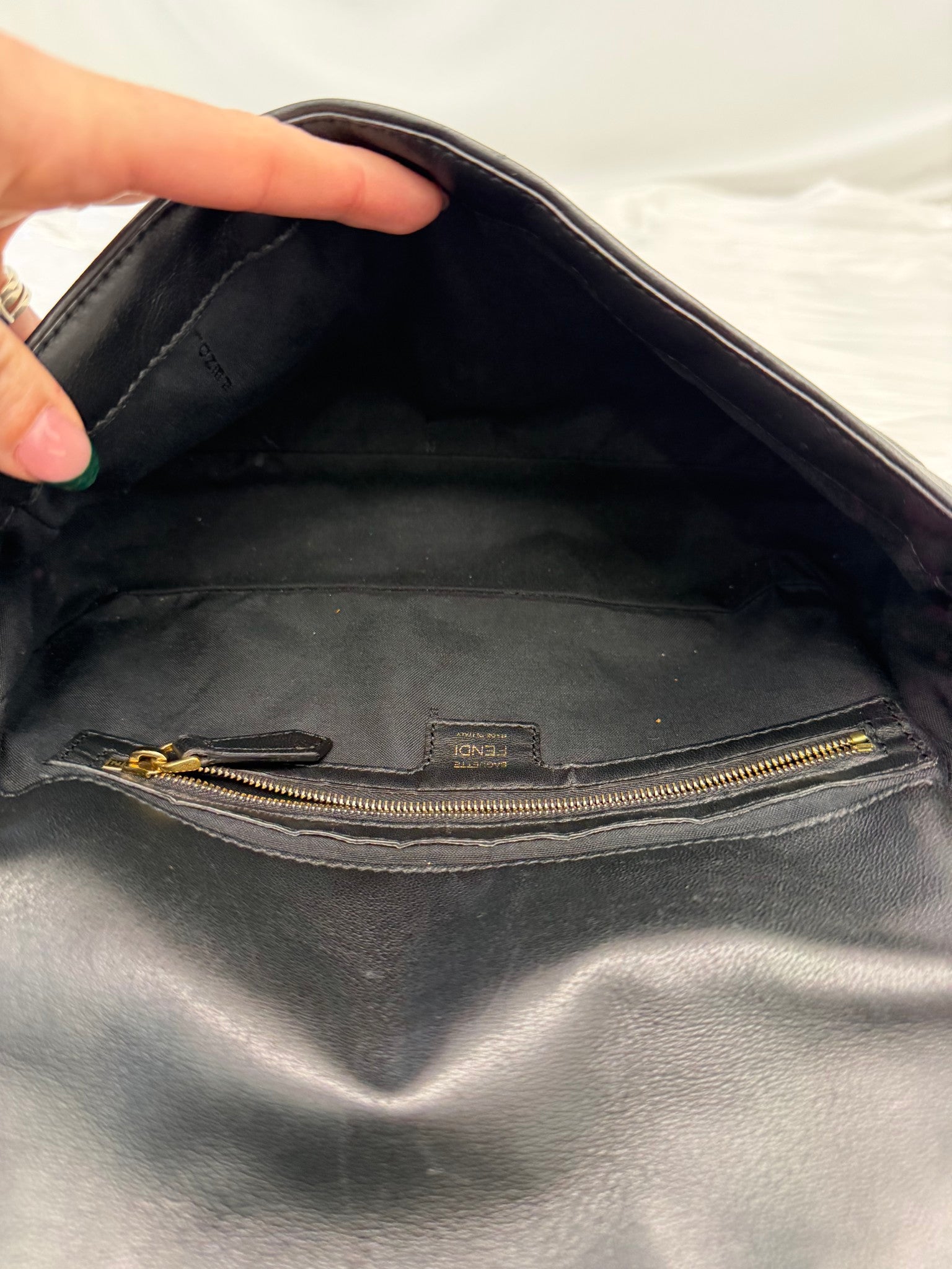 Fendi Black Embossed Nappa Leather FF Baguette Shoulder Bag 