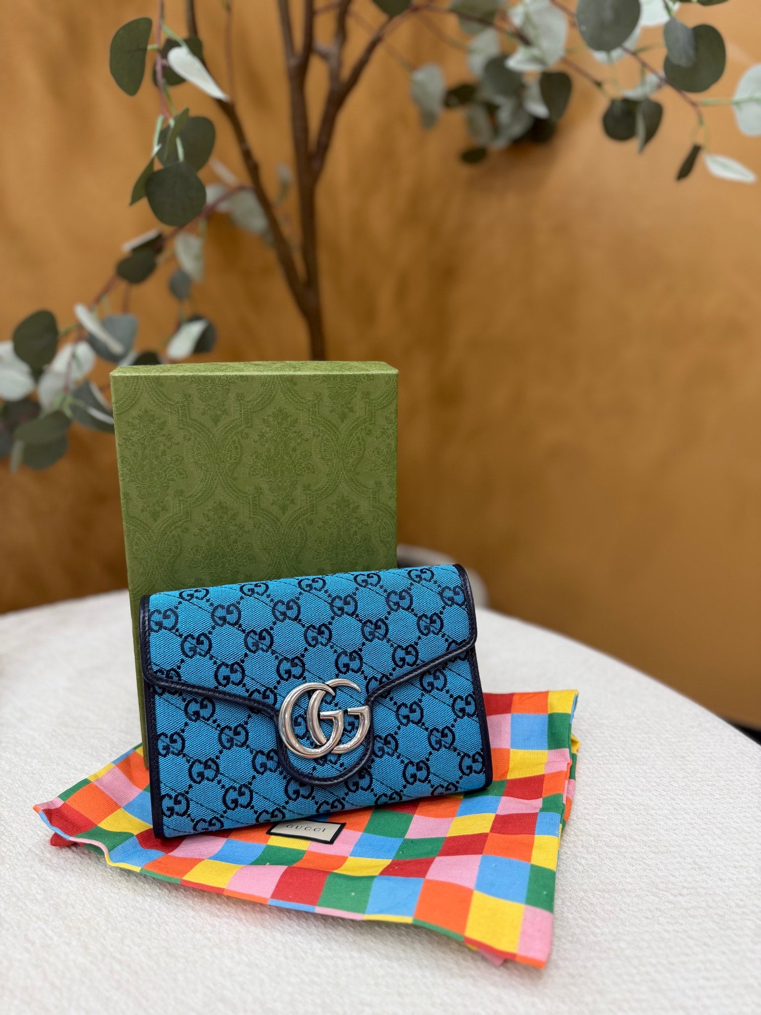 Gucci Blue GG Marmont Canvas Wallet on Chain 