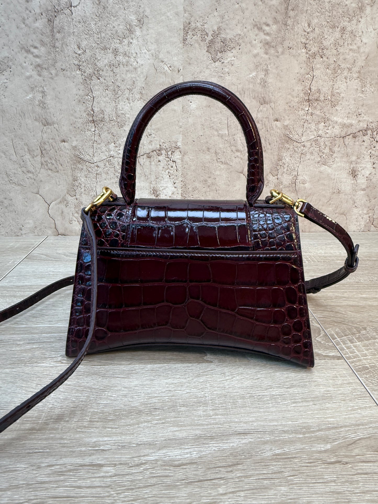 Balenciaga Burgundy Croc Embossed Small Hourglass Top Handle Bag