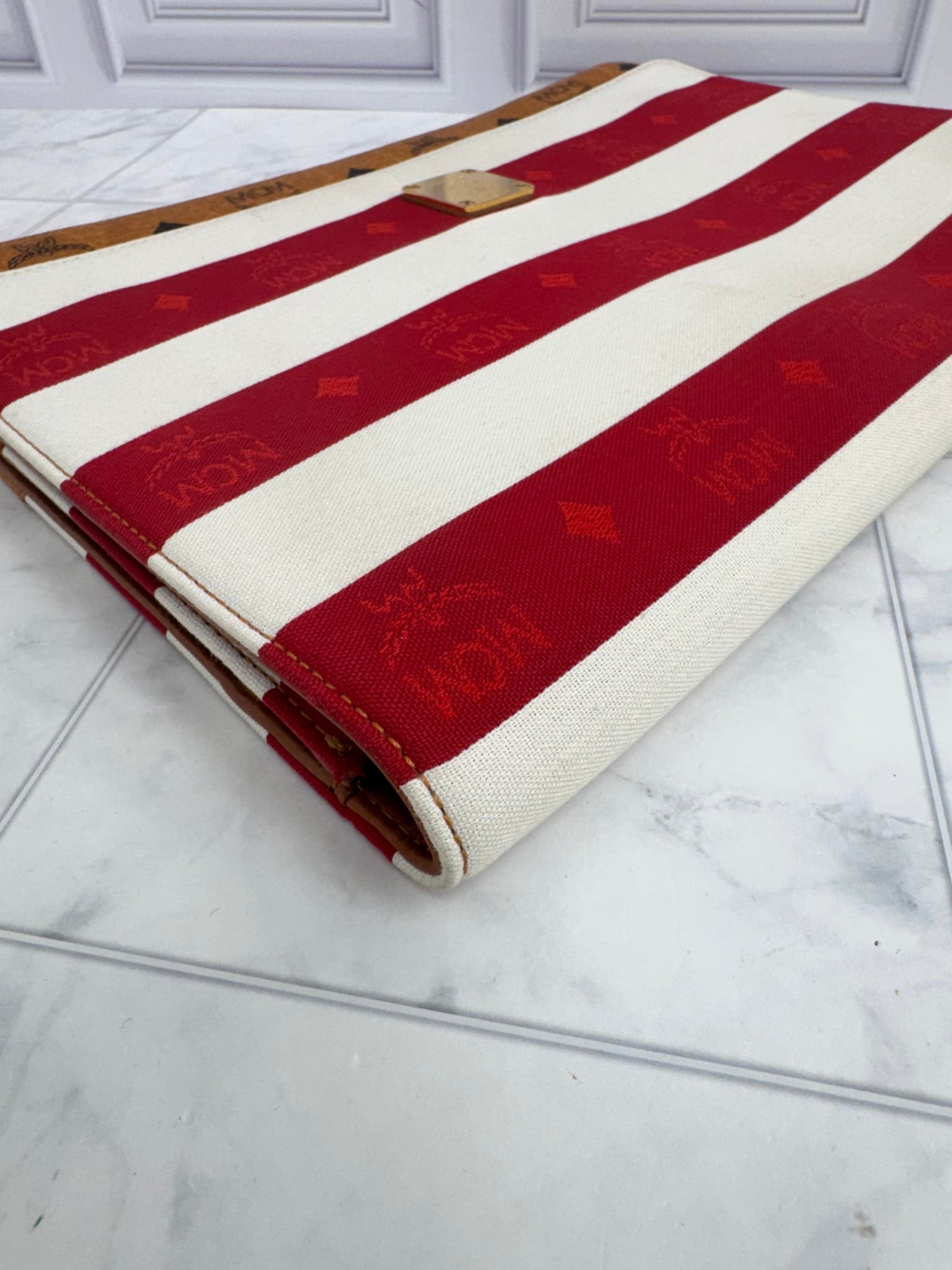 MCM Red & White Striped Visetos Canvas Clutch Bag