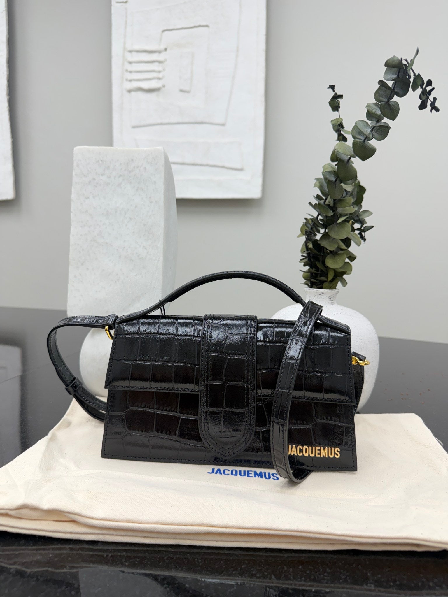 BRAND NEW - Jacquemus Black Croc Embossed Leather Le Grand Bambino Handbag 2Way Handbag