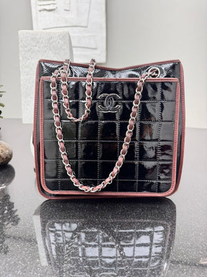 Chanel Black Patent Leather And Burgundy Chocolate Bar Medium Tote Bag
