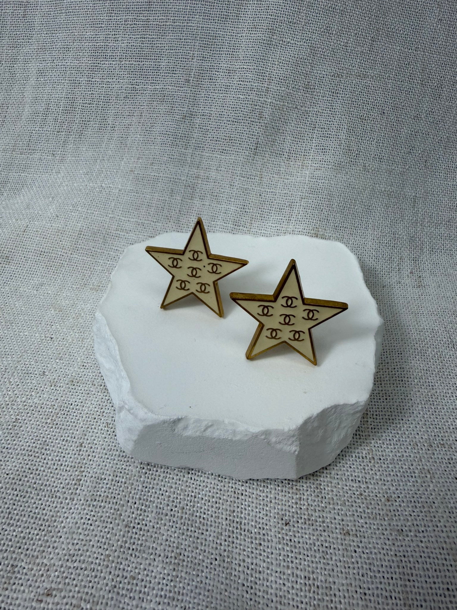 Chanel Ivory And Gold Star Clip On Earrings 