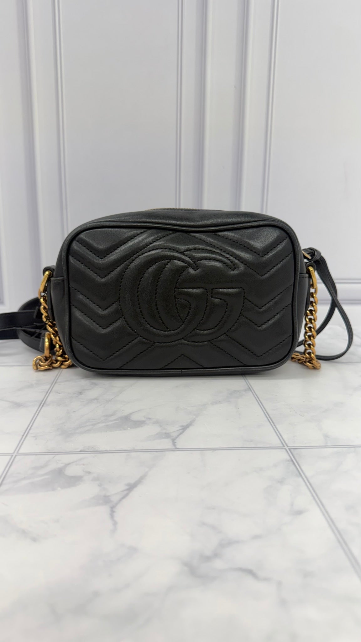 Gucci Black Leather GG Marmont Mini Camera Bag 