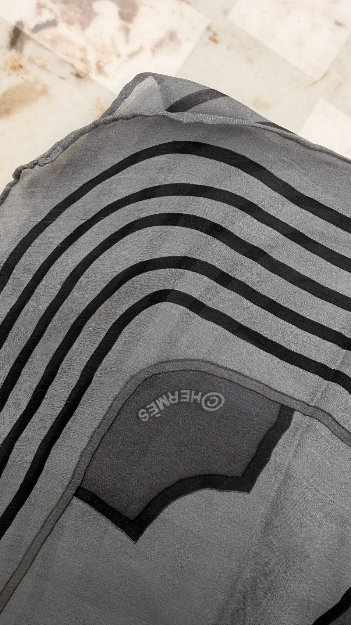Hermes Grey & Black Silk Clic-Clac Muffler Scarf 