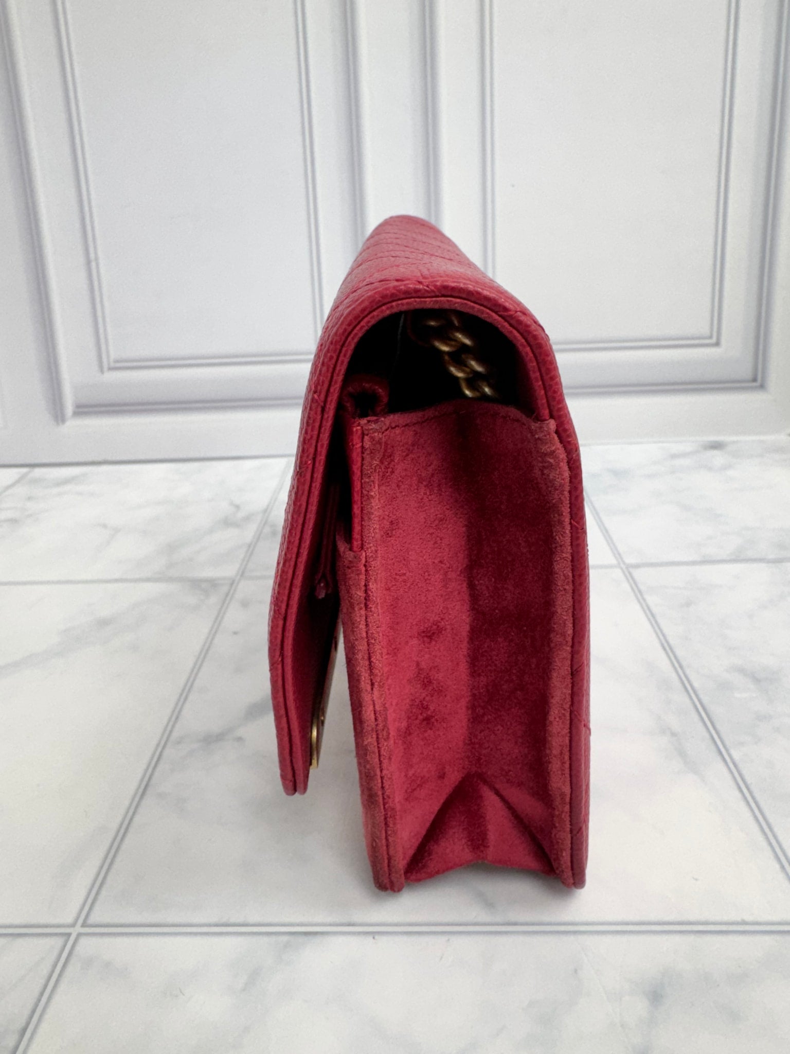 Chanel Red Quilted Caviar Leather And Suede Lady Coco Wallet On Chain