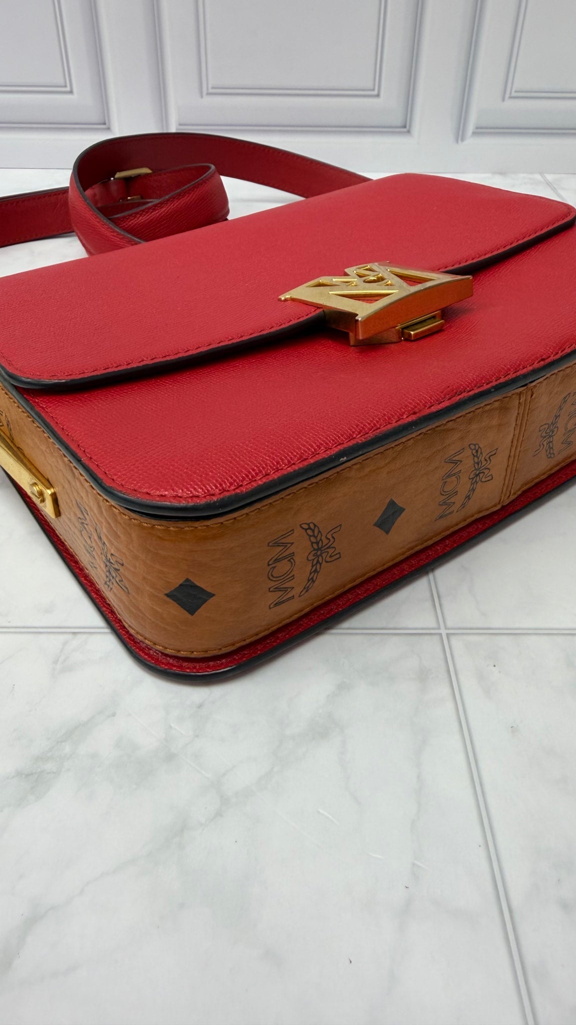 MCM Red Leather & Visetos Print Mena Shoulder Bag
