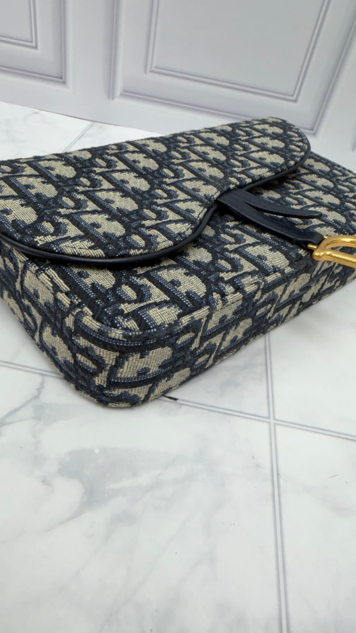 Christian Dior Blue Jacquard Saddle Pouch with a Chain 