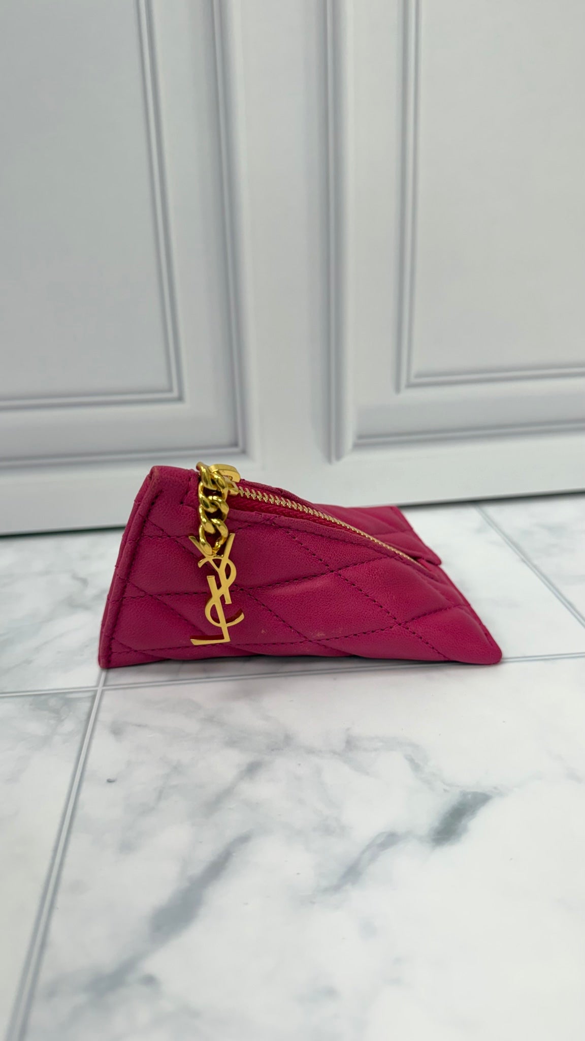 Saint Laurent YSL Hot Pink Quilted Leather Triangle Key Chain