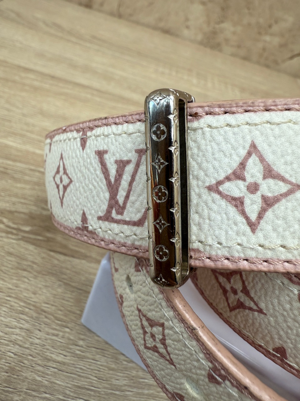 Louis Vuitton Pink & White Monogram Belt Size 34