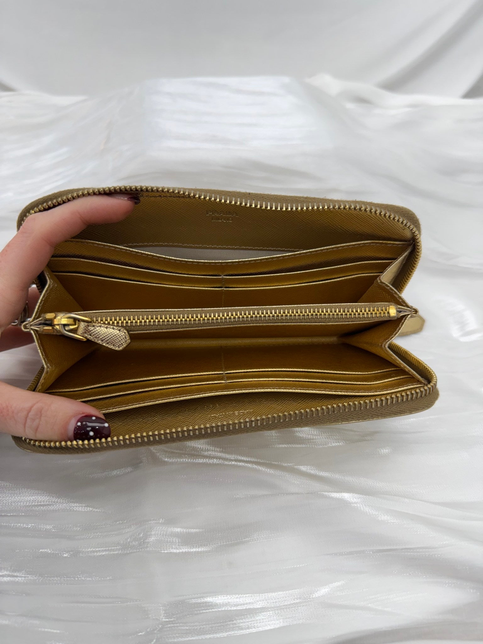 Prada Gold Saffiano Leather Zippy Wallet