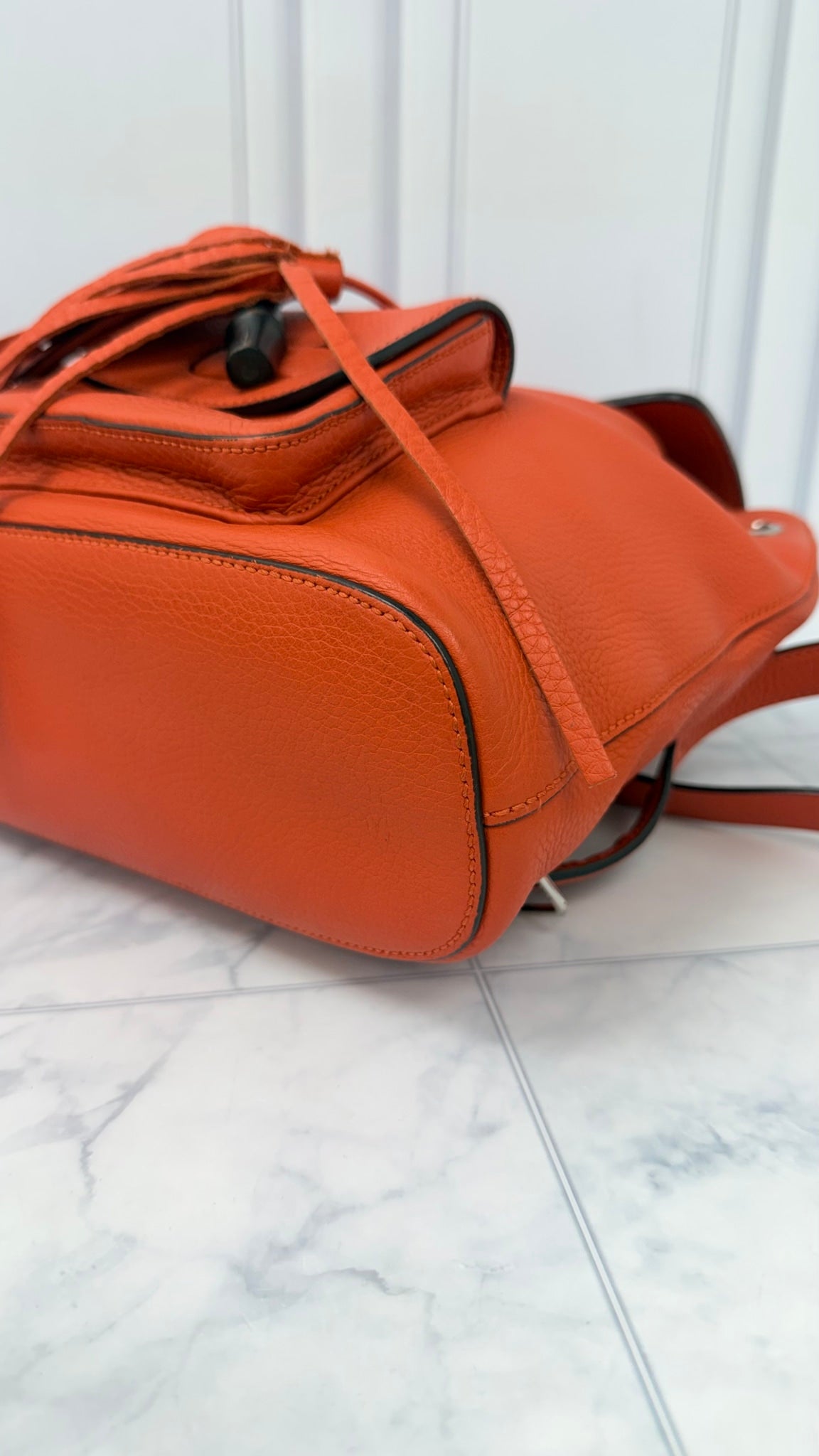 Gucci Orange Grained Leather Bamboo Backpack