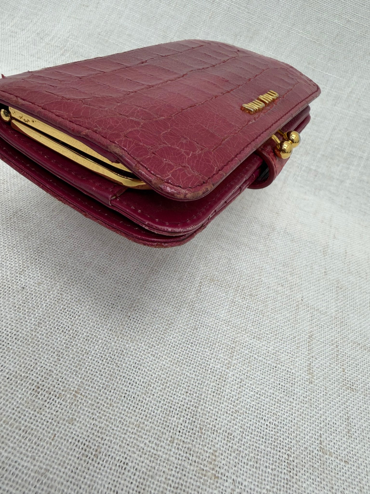 Miu Miu Dark Pink Crocodile Embossed Kiss Lock Wallet