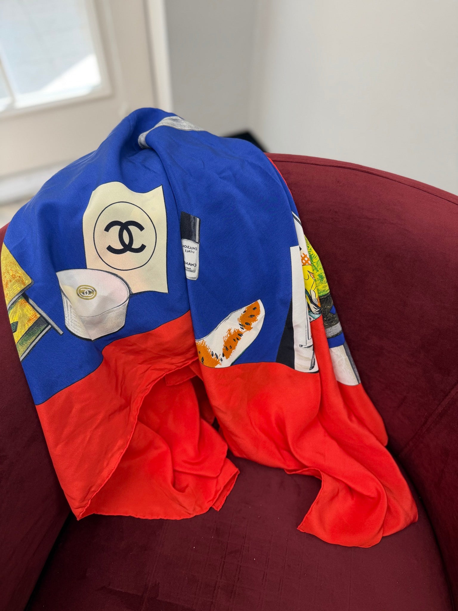 Chanel Multicolor Silk Vintage Novelty Print Scarf